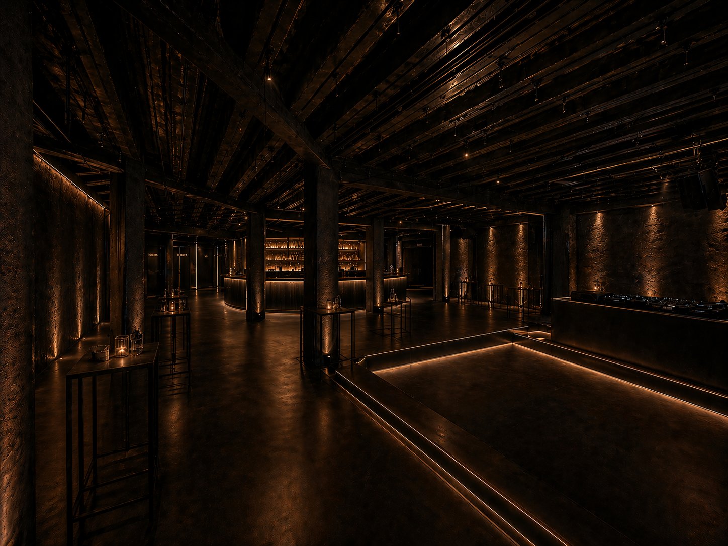 The DONDA club — bar, columns, sunken dance floor lit at the rim