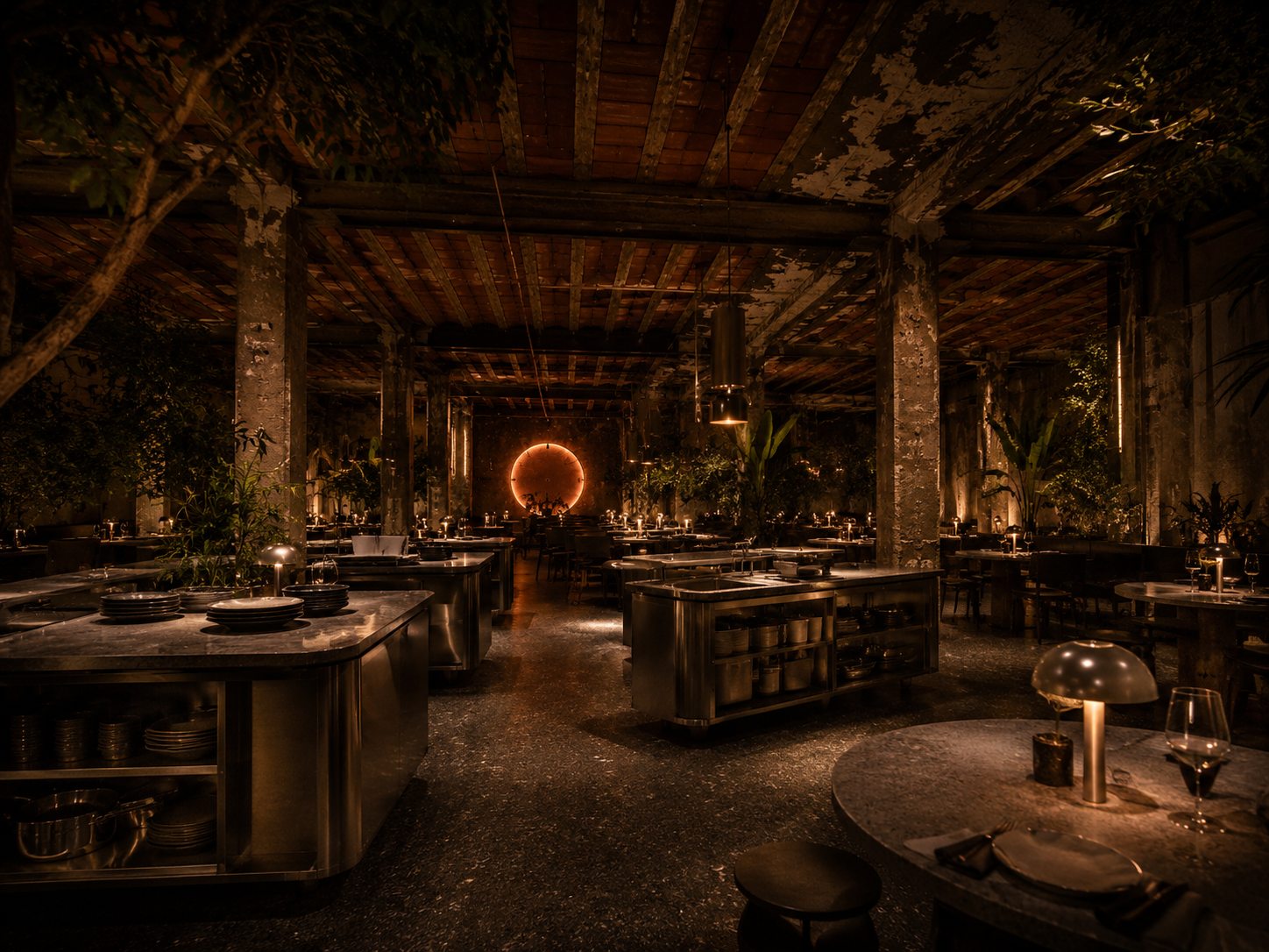 The DONDA dining room: stainless-steel kitchen islands set among candlelit tables and foliage, the Eclipse glowing on the far wall